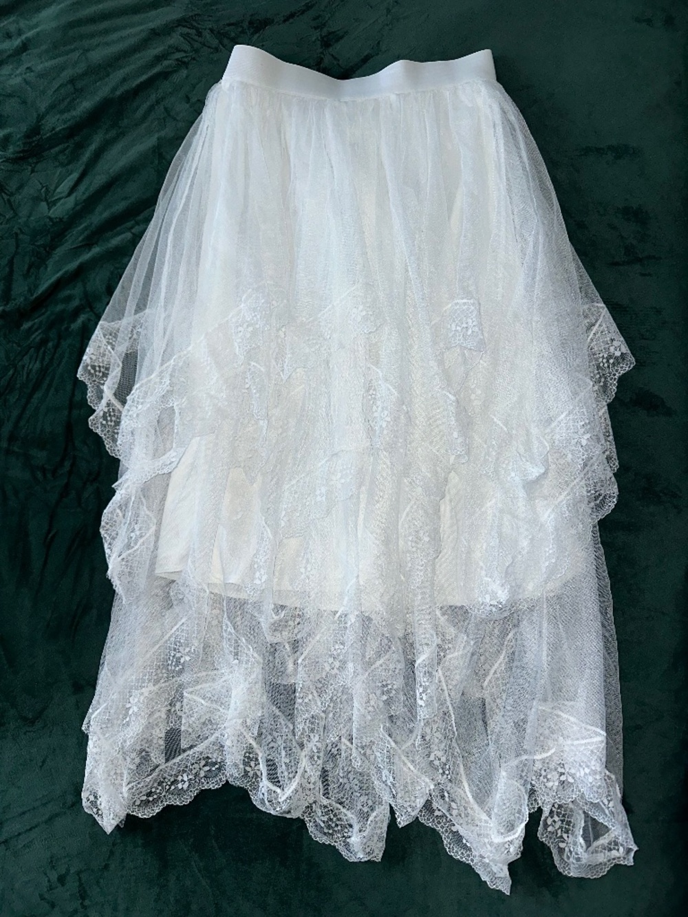 White Asymmetrical Hem Lace & Mesh Midi Skirt